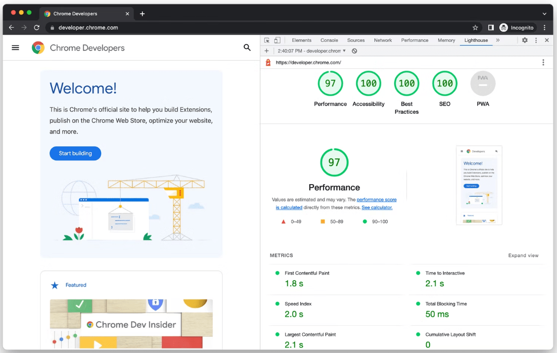 Google Lighthouse Chrome Dev Tools